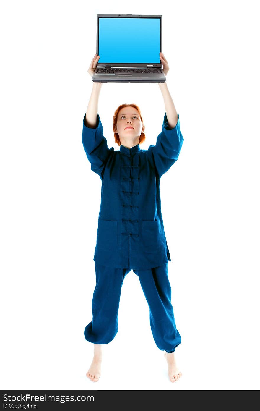 Young woman in kimono attend yoga with laptop on white background