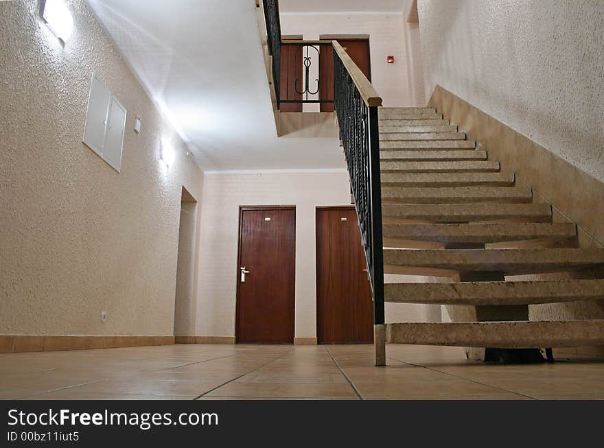 Hotel stair resting place with lights