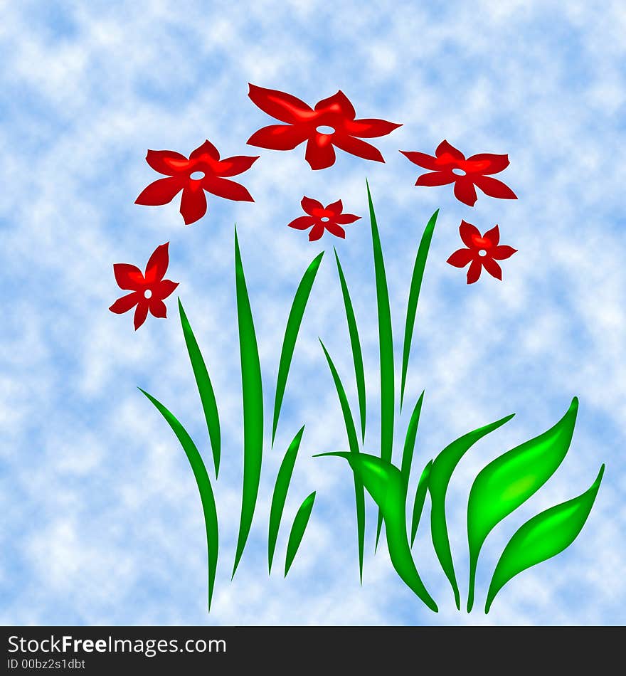 Flower garden illustration,red flowers green grass. Flower garden illustration,red flowers green grass