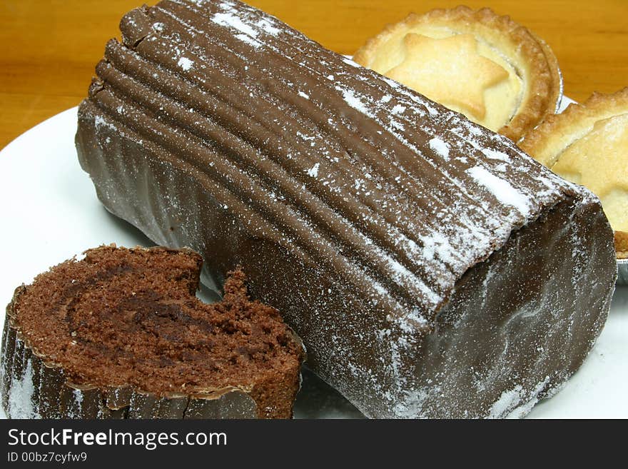 Chocolate yulelog and fruit pies for a treat