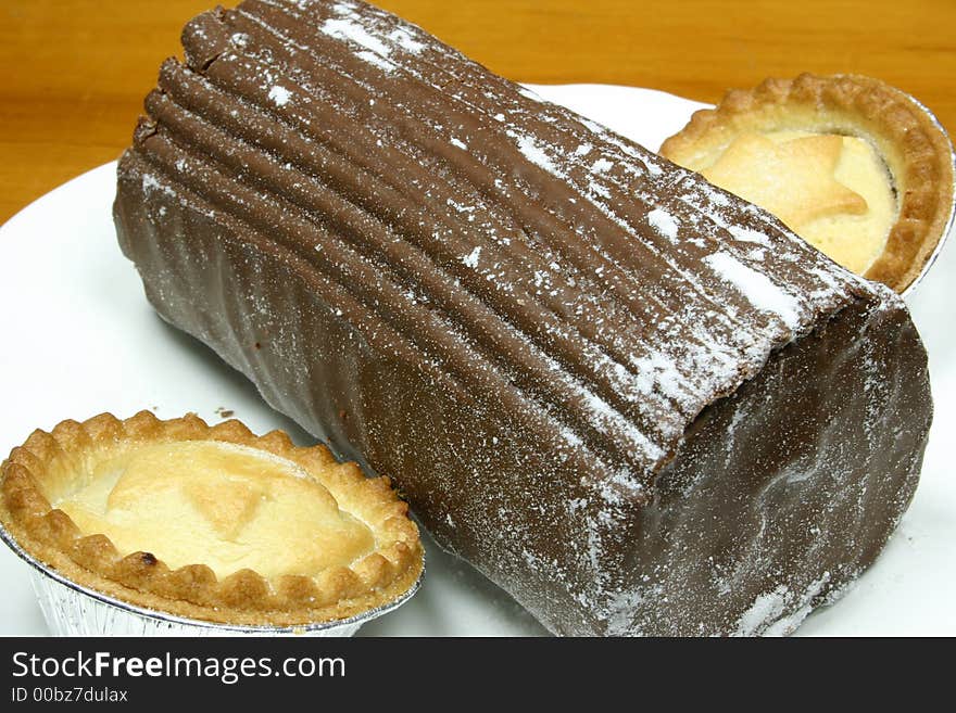 Chocolate yulelog and fruit pies for a treat