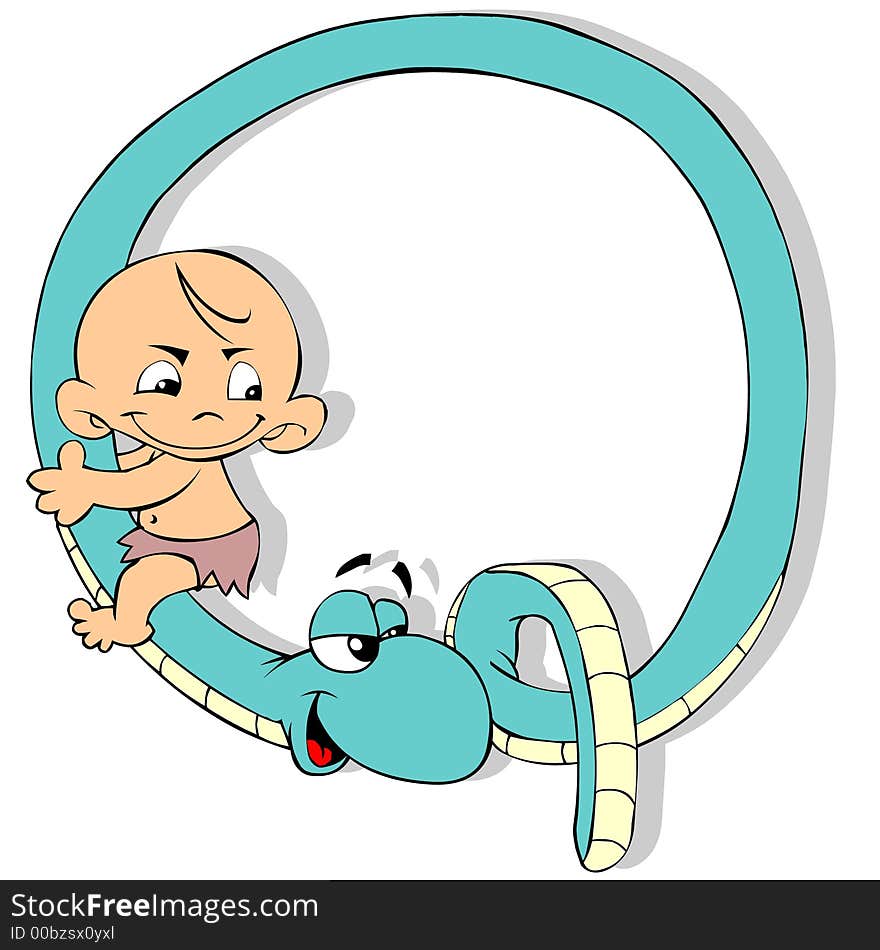 A baby and a snake forming the letter Q