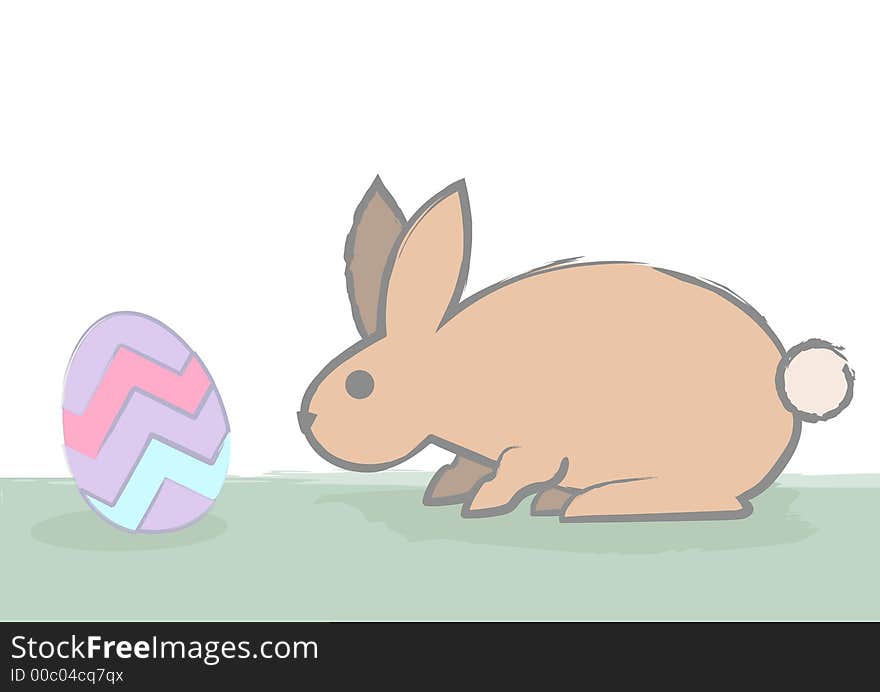 A cautious easter bunny checks out an easter egg by sniffing.