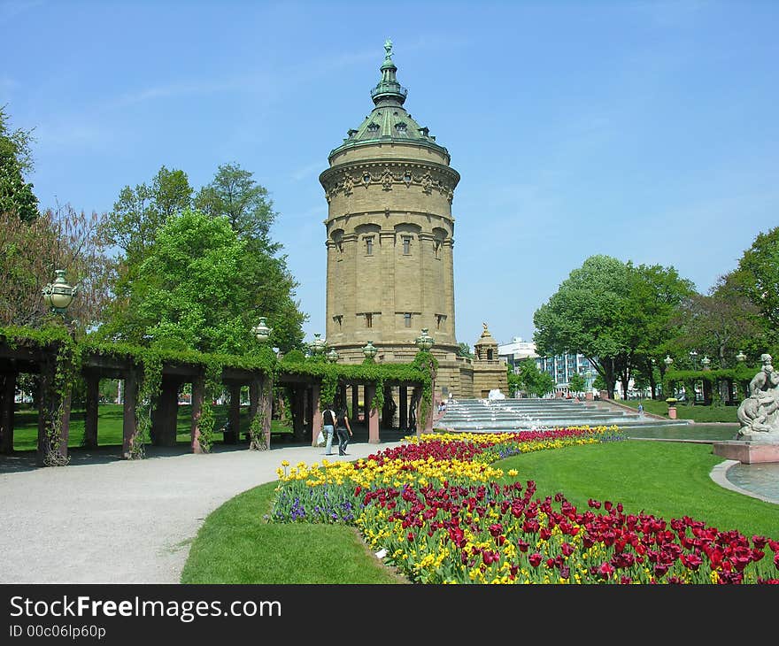 The old water tower in Mannheim in summer time. The old water tower in Mannheim in summer time.