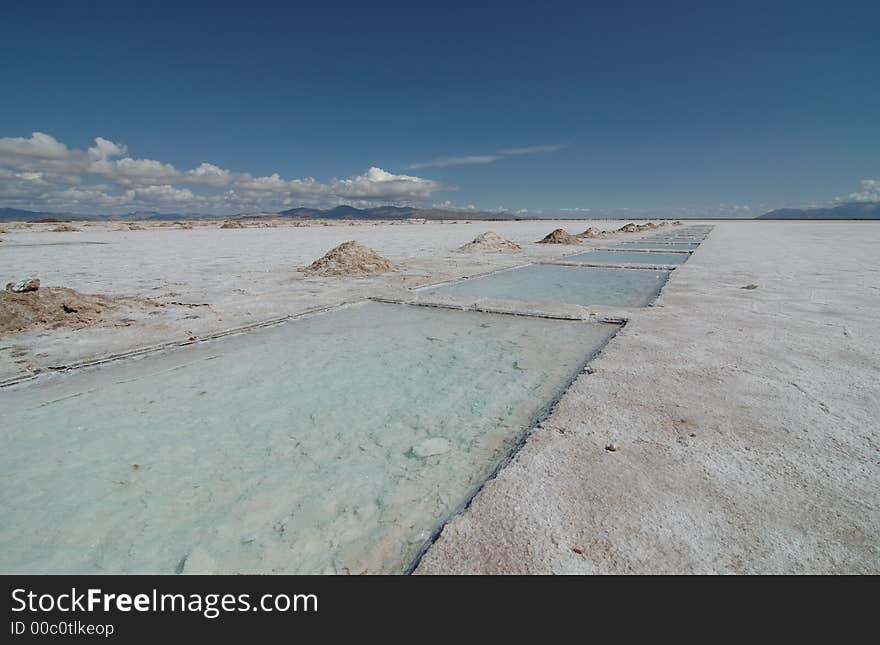 Picture showing a salt lake landscape, called salinas grande, near Argentina. This is where salt is exploited. Picture showing a salt lake landscape, called salinas grande, near Argentina. This is where salt is exploited.