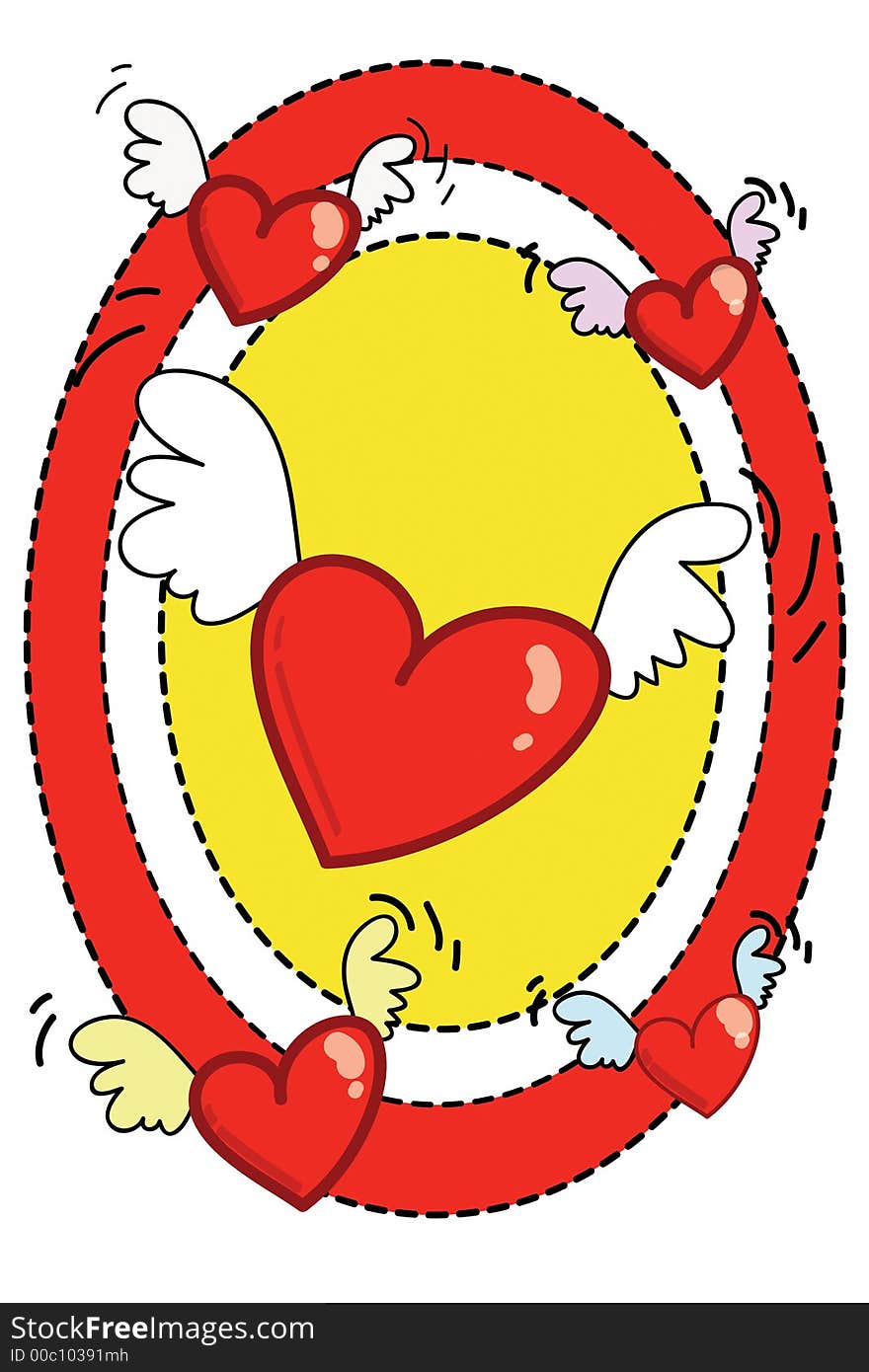 An illustration of a flying hearts motives done on a colorful surface. An illustration of a flying hearts motives done on a colorful surface