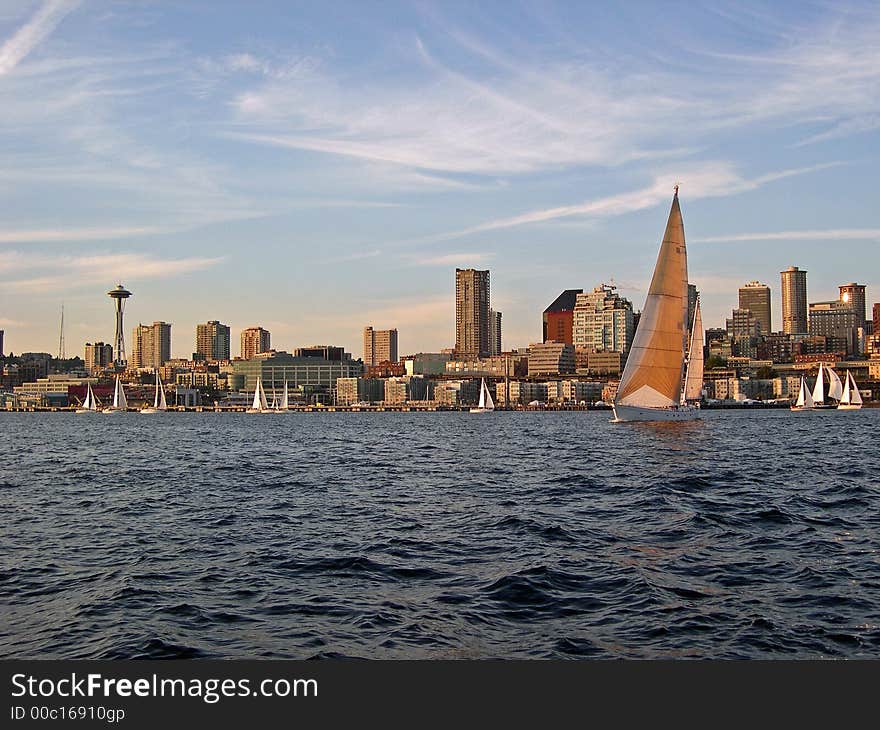 Sailing away from Seattle in Elliott Bay. Sailing away from Seattle in Elliott Bay