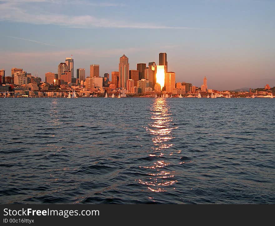 The sunsets glowing reflection on Seattle, WA