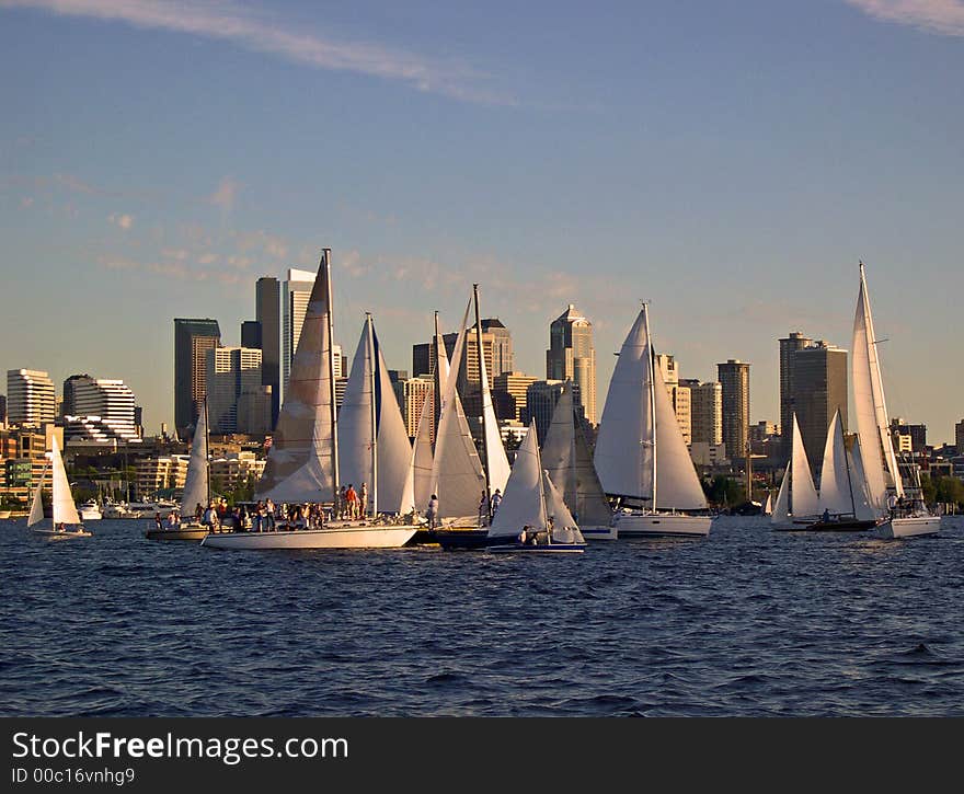 Sailboat traffic on Lake Union in Seattle, WA. Sailboat traffic on Lake Union in Seattle, WA