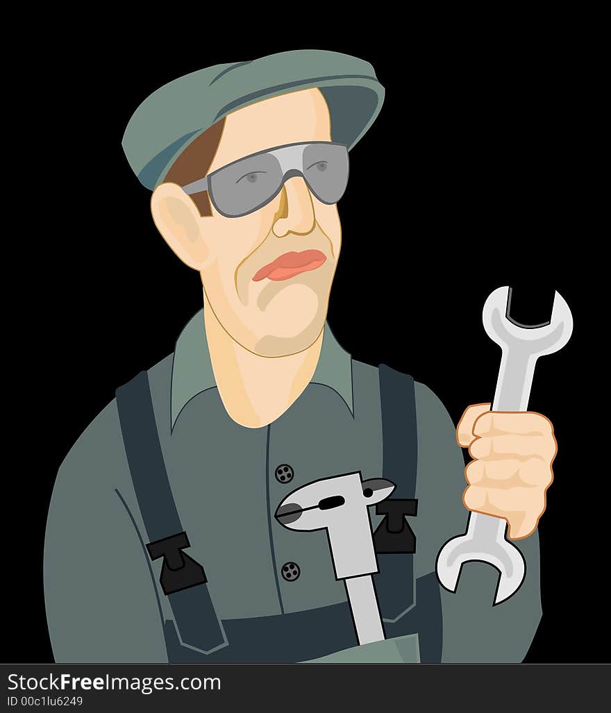 Worker with wrenches in hand and sliding calliper in pocket. Worker with wrenches in hand and sliding calliper in pocket