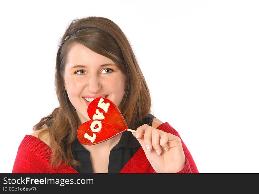 Smiling girl with red lollipop, isolated on white. Smiling girl with red lollipop, isolated on white.