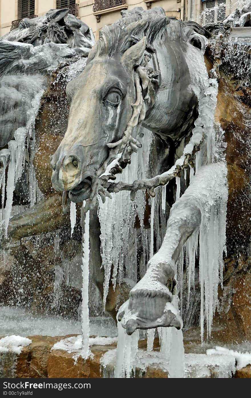 Frozen fountain in Lyon (france)