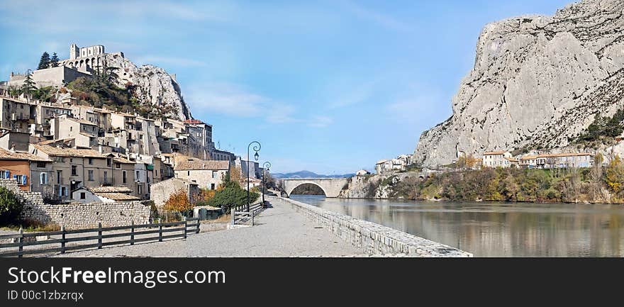 Sisteron is a village situated on the banks of the River Durance, in south of France. The town has several important buildings including the citadelle and 12th century cathedral. Sisteron is a village situated on the banks of the River Durance, in south of France. The town has several important buildings including the citadelle and 12th century cathedral.