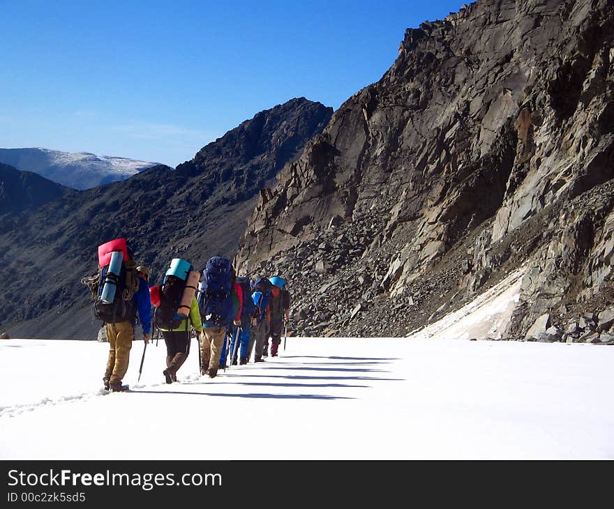 A group of mountaineers in Altay Mountains. A group of mountaineers in Altay Mountains