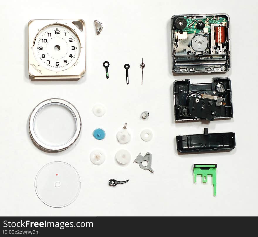 Alarm clock breakway showing many plastic components. Alarm clock breakway showing many plastic components