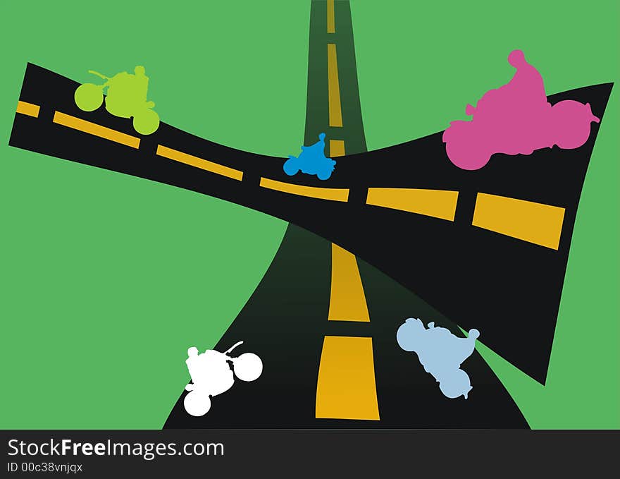 Abstract colored illustration with colored motorcycle shapes riding on the road. Abstract colored illustration with colored motorcycle shapes riding on the road