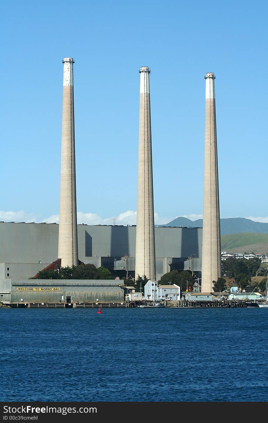 Vertical shot of Electric power plant in Morro bay California. Vertical shot of Electric power plant in Morro bay California