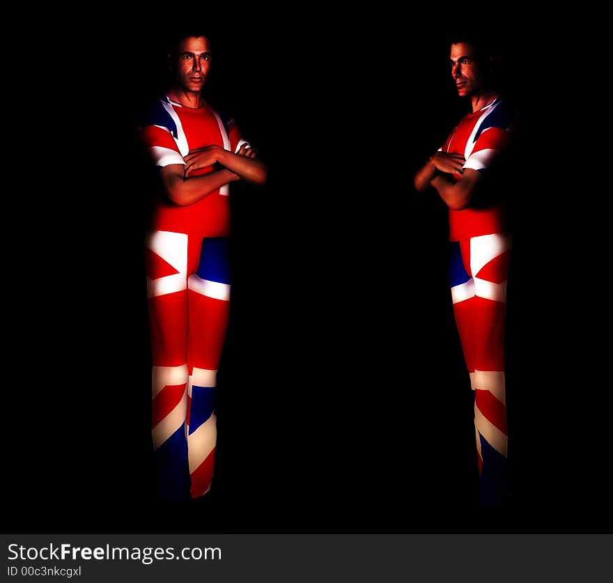 A pair of men with the Union Jack flag on their clothing, its the flag of Great Britain. A pair of men with the Union Jack flag on their clothing, its the flag of Great Britain.