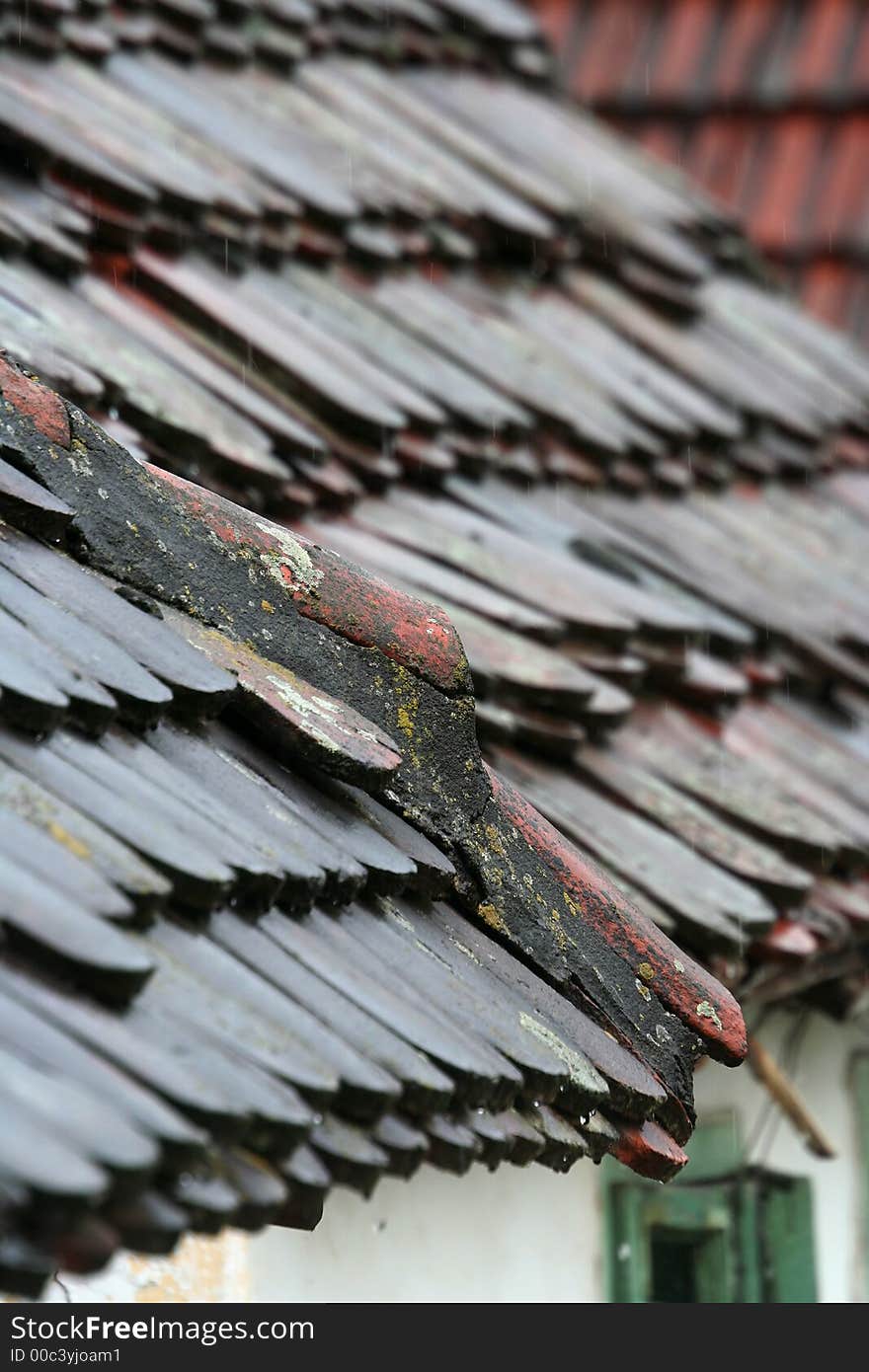 Old tiled roof on a rainy day. Old tiled roof on a rainy day