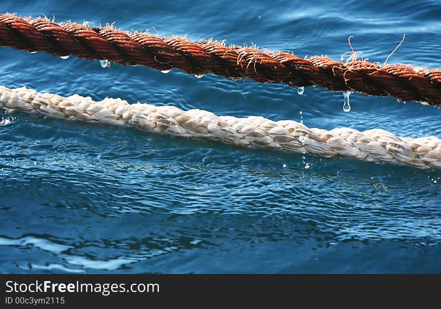 Two ropes mooring immersed in sea water