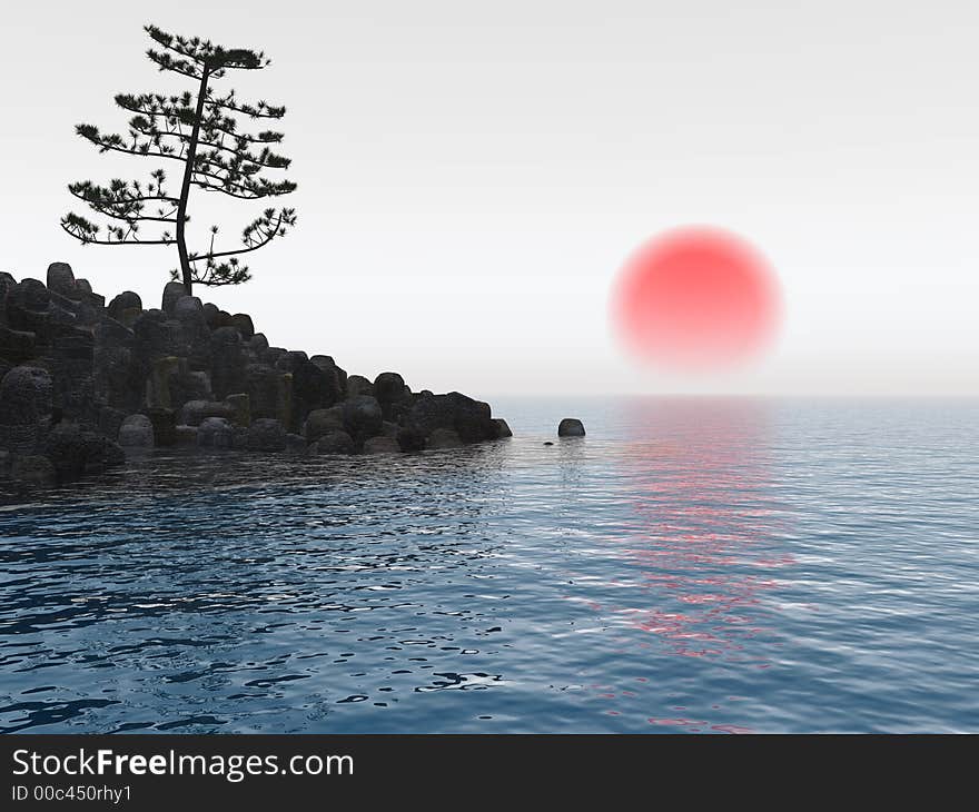 Pine on rocky coast - 3d illustration. Pine on rocky coast - 3d illustration.