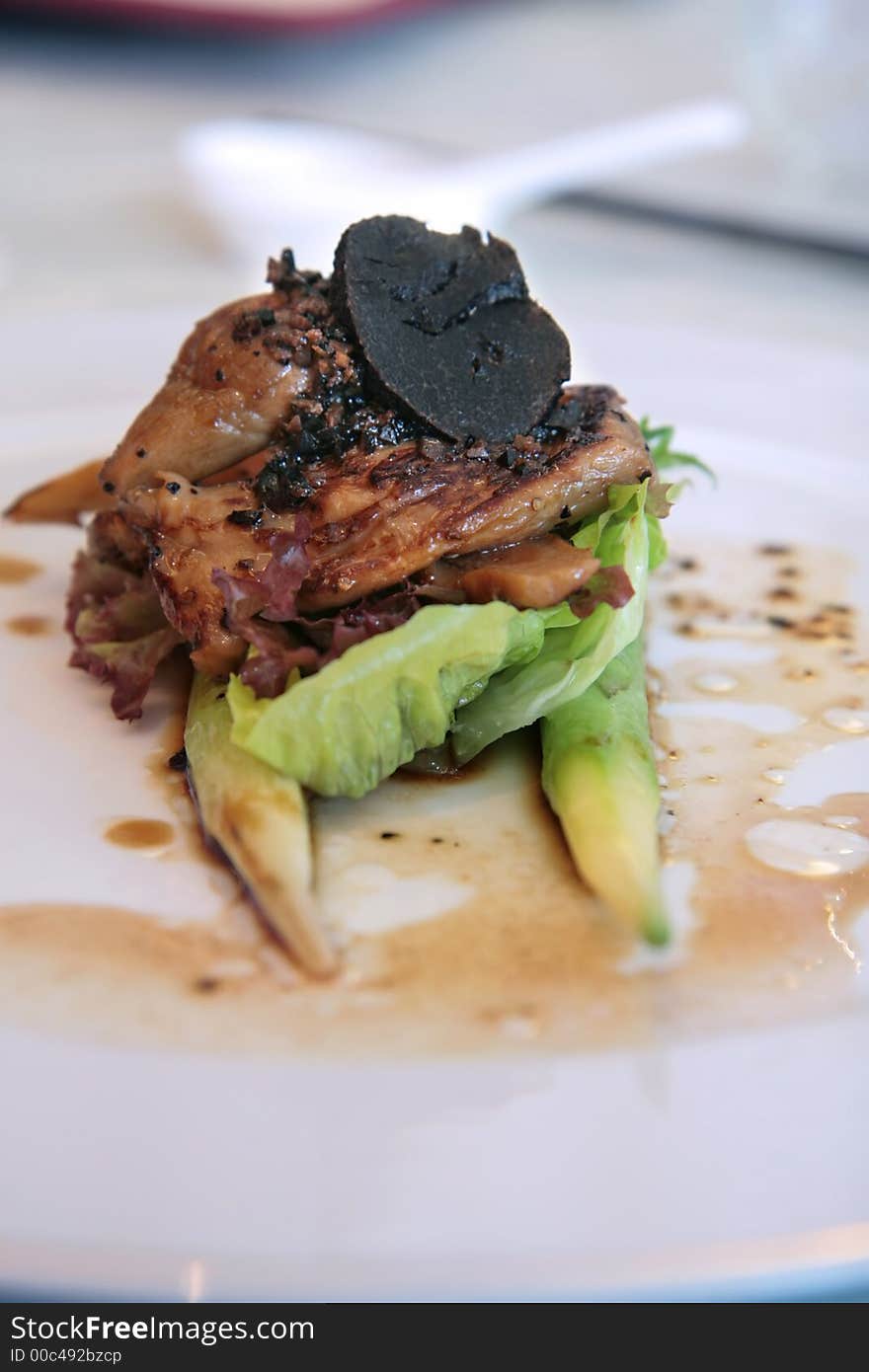 Mixed mushroom and fungus platter on trimmed asparagus stems. Mixed mushroom and fungus platter on trimmed asparagus stems