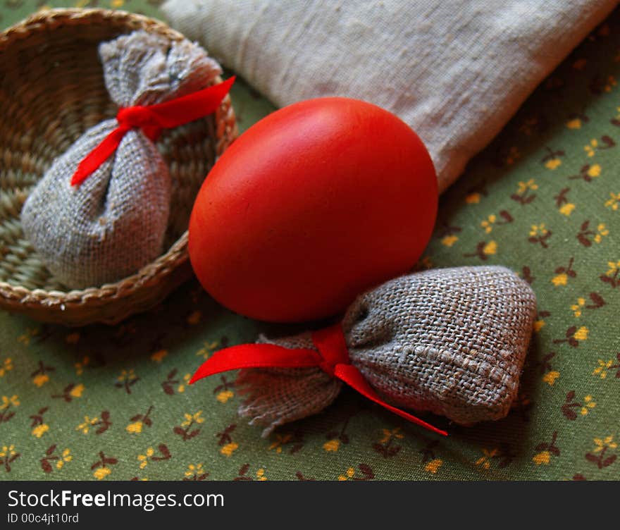 Red egg in easter still life. Red egg in easter still life