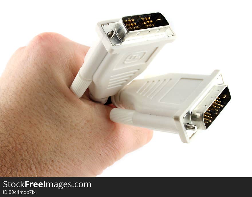 19 Pin D Computer Cable held in the Hand isolated on a white background. 19 Pin D Computer Cable held in the Hand isolated on a white background