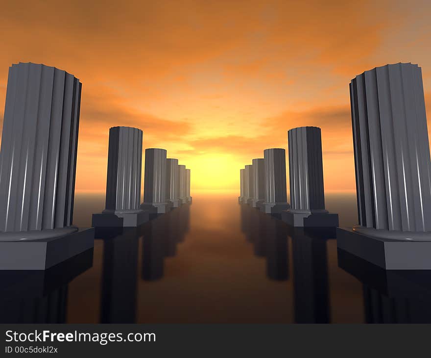 Sunset on a background of futuristic columns leaving afar located on a smooth surface (30mm)