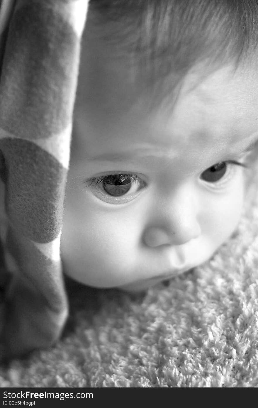 Black and white image of baby peeking out from under a blanket. Black and white image of baby peeking out from under a blanket