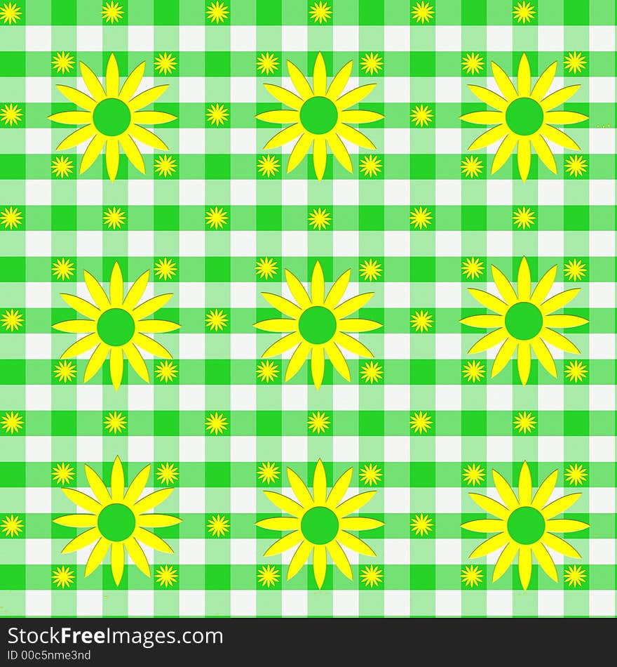 A green gingham background with yellow flowers. A green gingham background with yellow flowers.