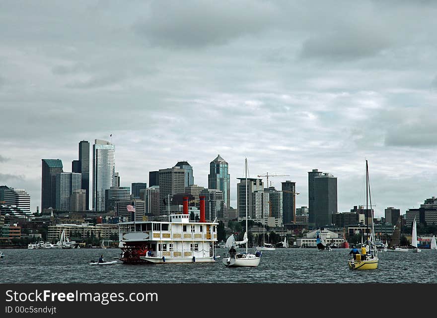 Vintage Paddle Wheel cruising Lake Unino in Seattle, WA. Vintage Paddle Wheel cruising Lake Unino in Seattle, WA