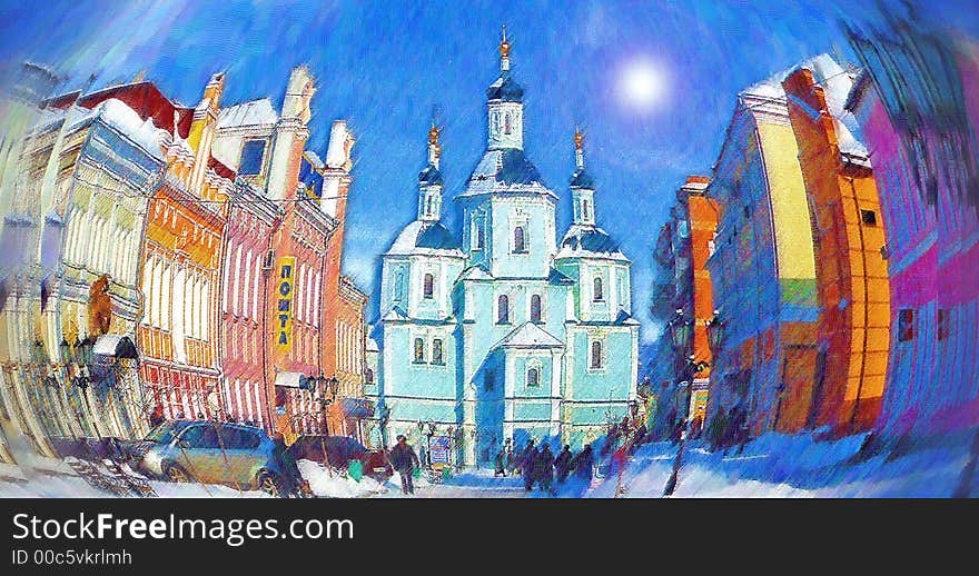 Illustration of St. Voskresensky cathedral in Ukrainian city of Sumy