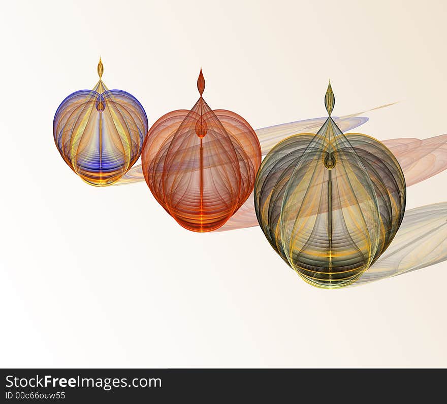 A trio of Ornate Glass bottles or ornaments illustration on a gradient background with shadows. A trio of Ornate Glass bottles or ornaments illustration on a gradient background with shadows