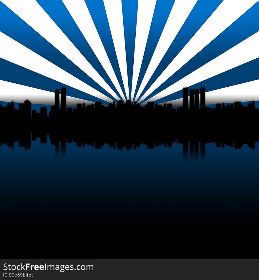 Silhouette of a large city skyline with sunrays. Silhouette of a large city skyline with sunrays.