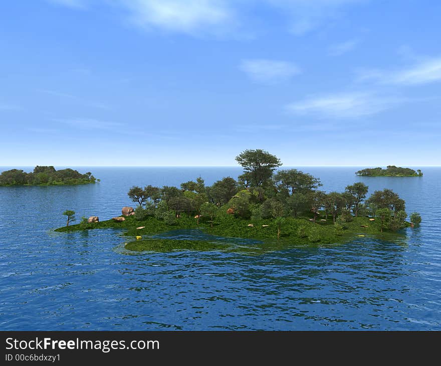 Three green islands with trees - 3d illustration. Three green islands with trees - 3d illustration.