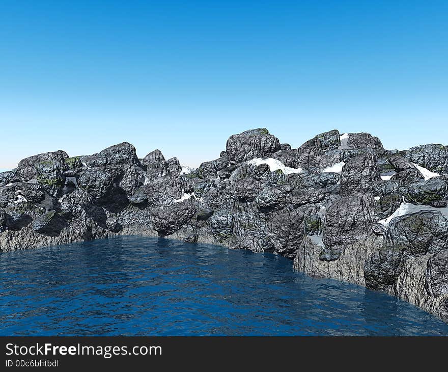 Blue sky and mount lake - 3d illustration. Blue sky and mount lake - 3d illustration