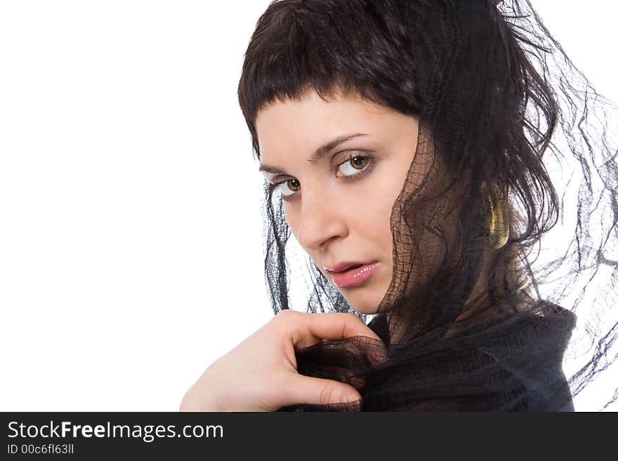 Beauty eastern woman in headscarf on white background