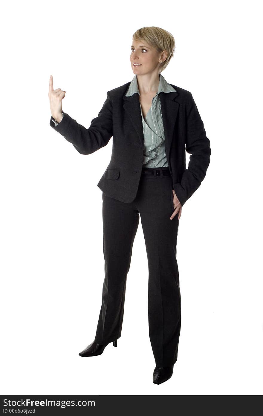 Business women holding something on finger on white