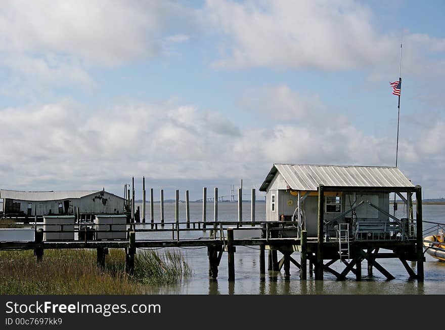 Boating Pier and bait shack at river dockside