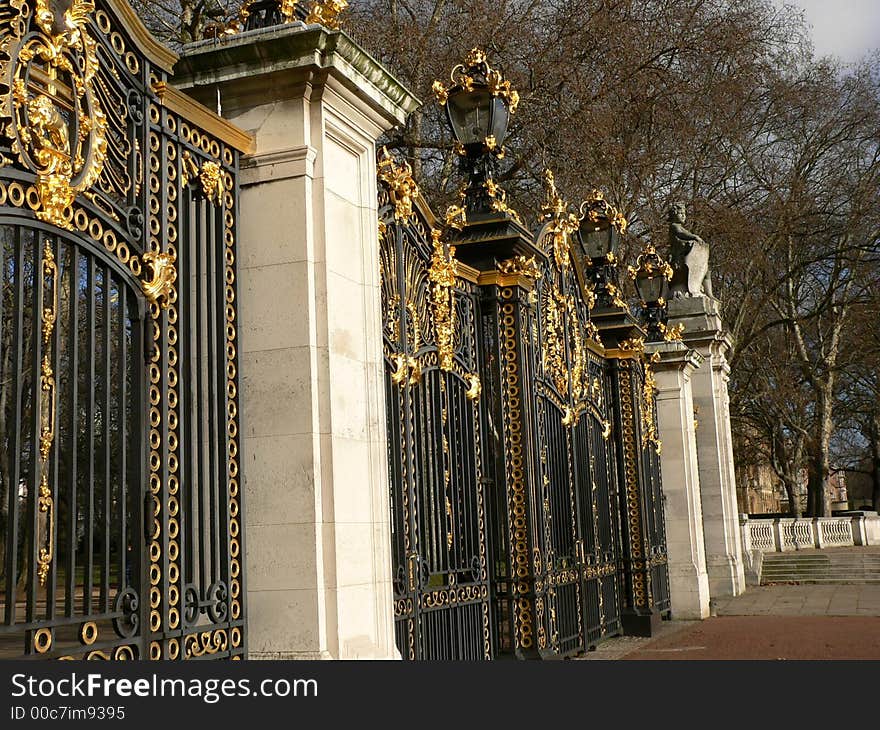 Buckingham Palace gates on The Mall. Buckingham Palace gates on The Mall.