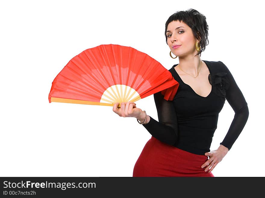 Beauty brunette girl with red fan on white background