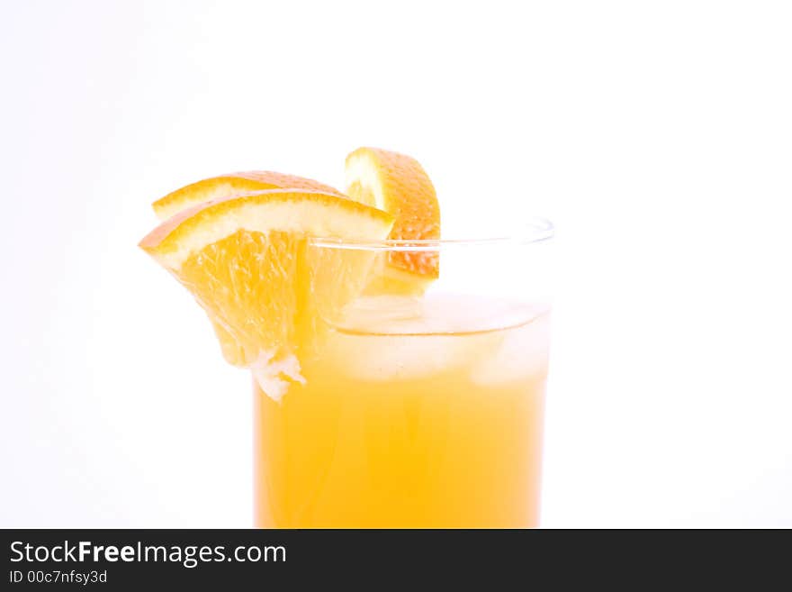 Orange juice and half-cut oranges isolated on white