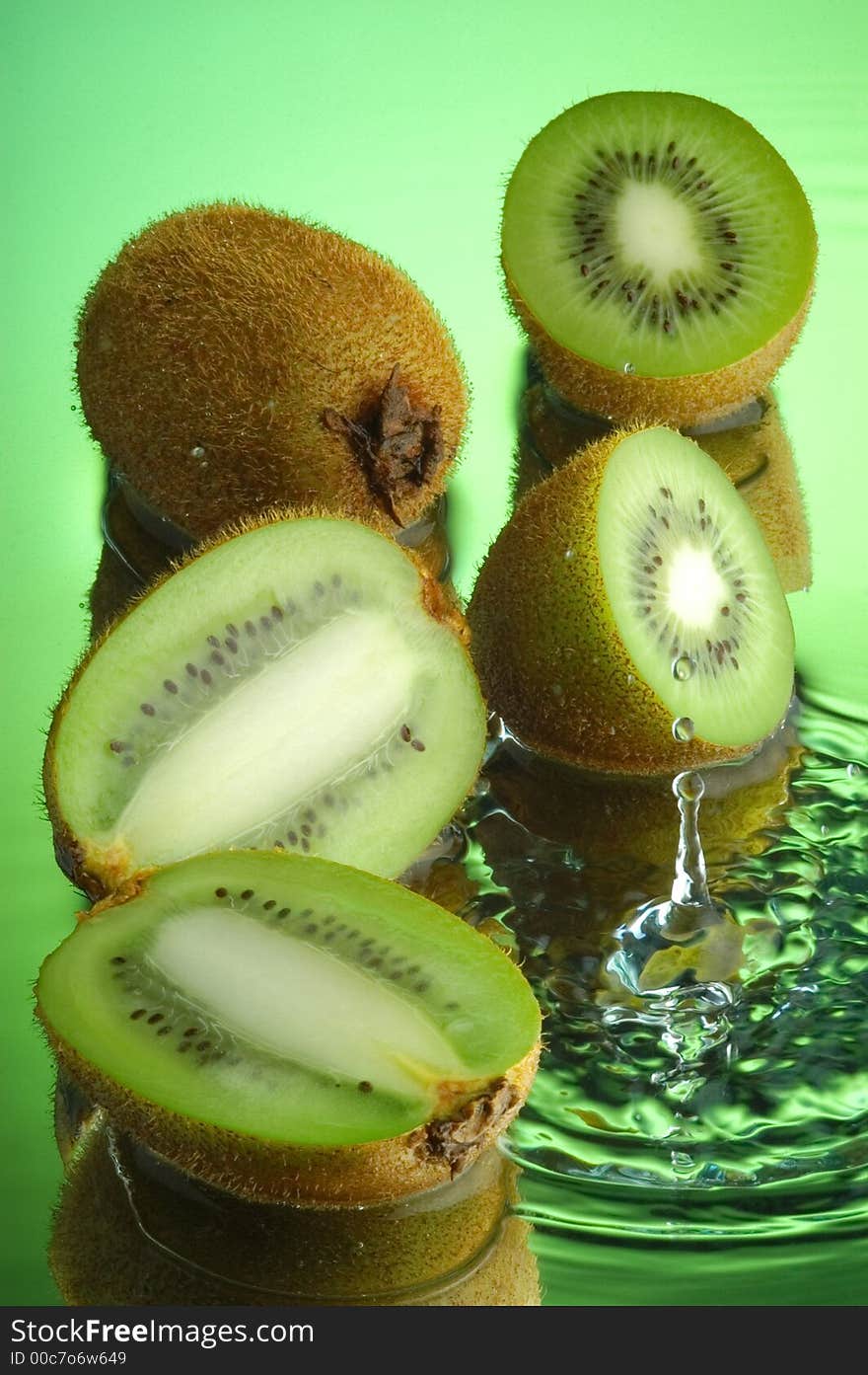 Kiwi, water and mirror surface. Kiwi, water and mirror surface