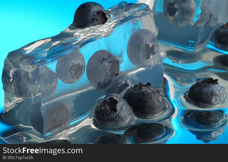 Bilberry, ice, water and mirror surface. Bilberry, ice, water and mirror surface