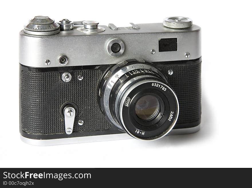 Old film rangefinder camera on white