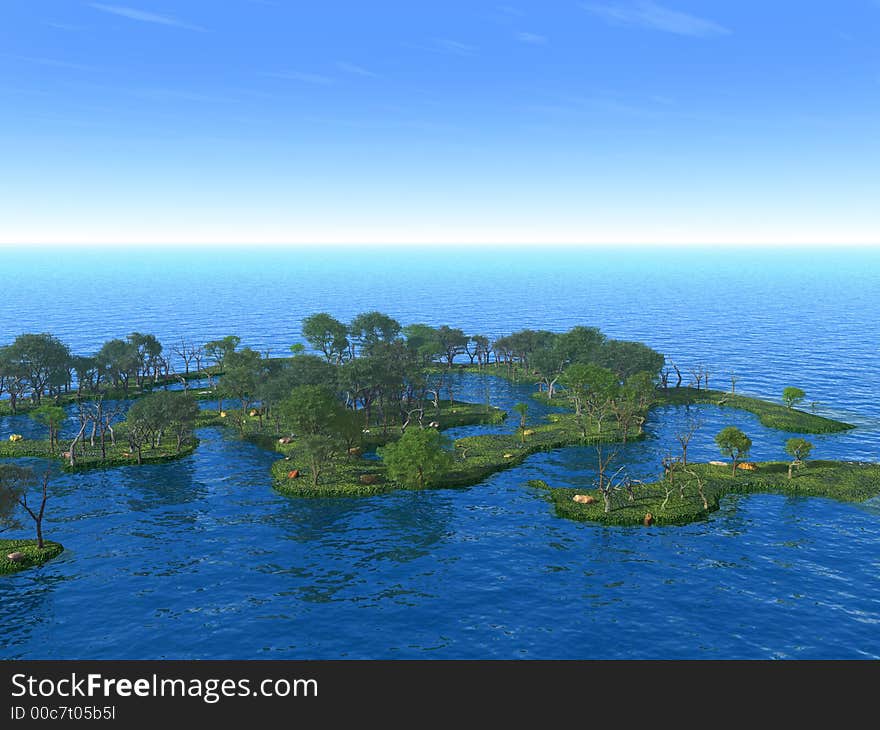 Small green islands with trees - 3d illustration. Small green islands with trees - 3d illustration.