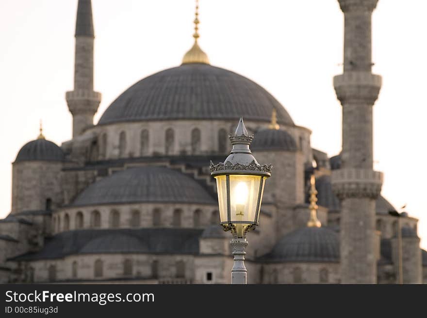 Famous Blue Mosque of Istanbul, with an old fashioned light pole in the foreground