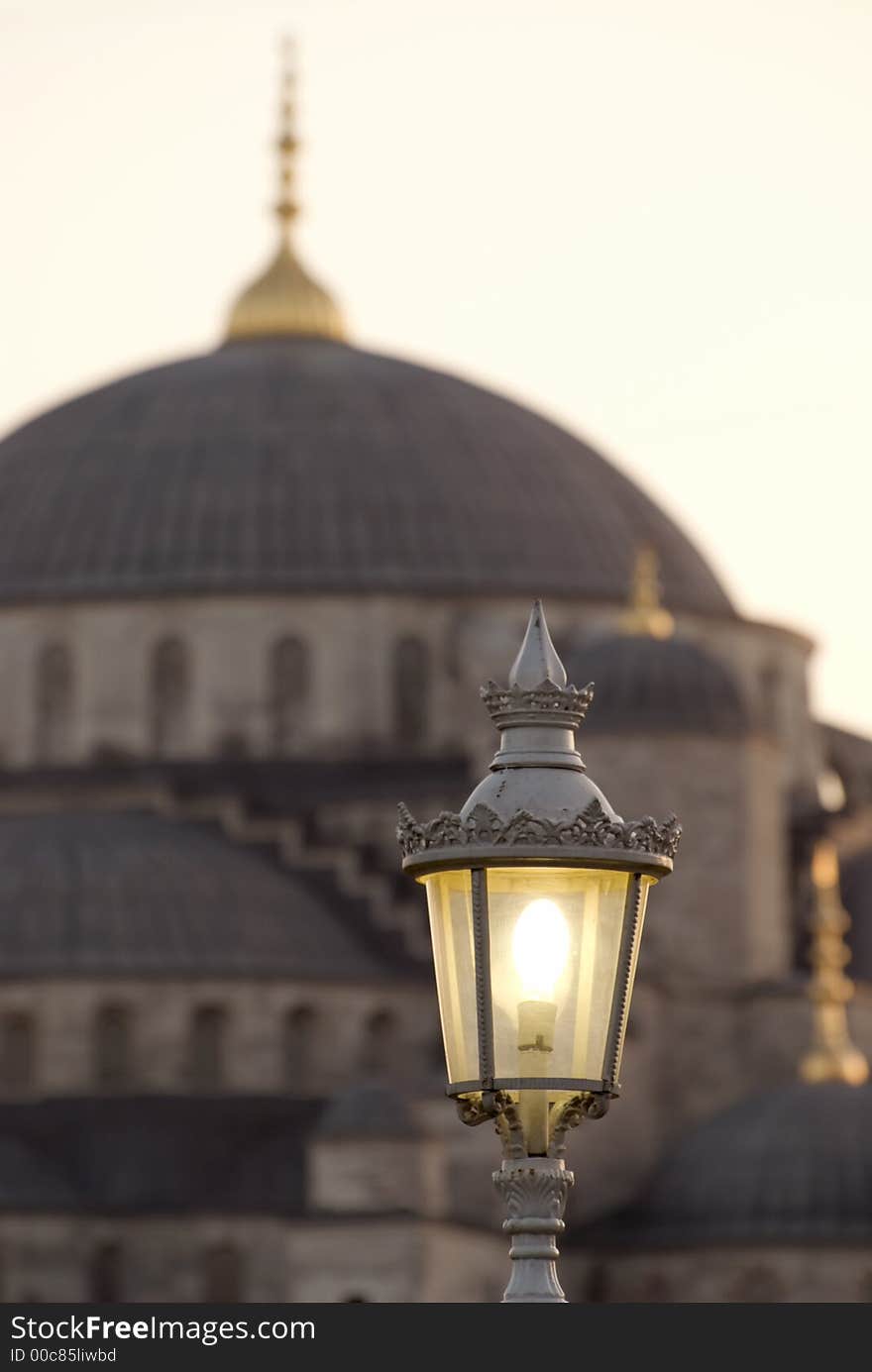 Famous Blue Mosque of Istanbul, with an old fashioned light pole in the foreground