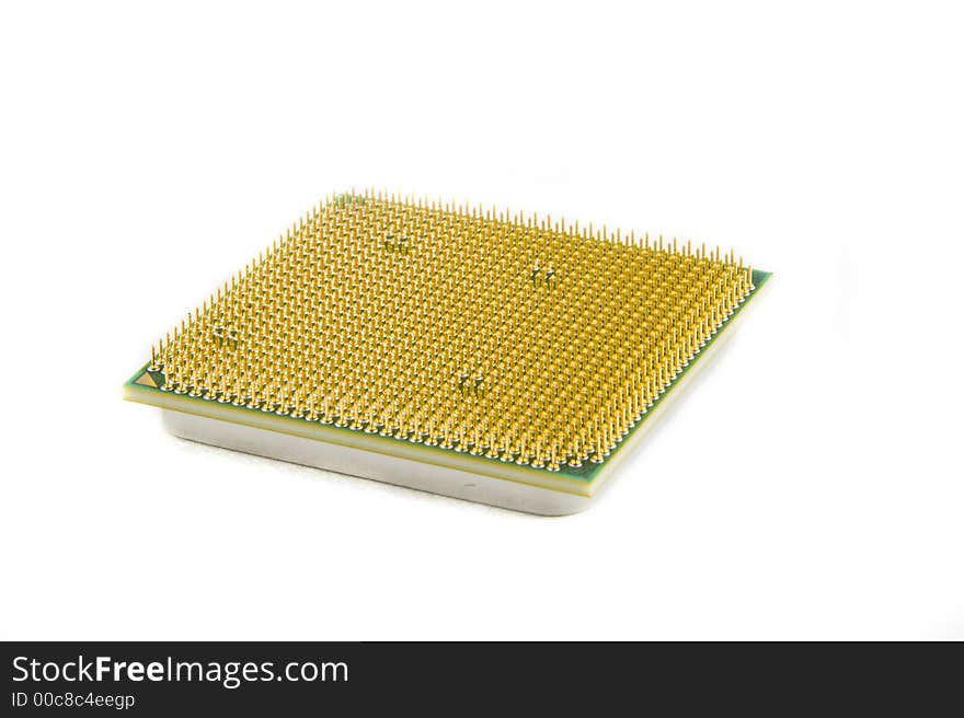 Close-up of a CPU with gold-plated contact pins. Isolated on white background. Close-up of a CPU with gold-plated contact pins. Isolated on white background.